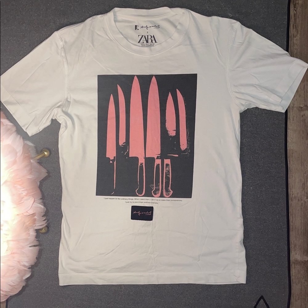 Zara White Tee with Pink Knife Graphic